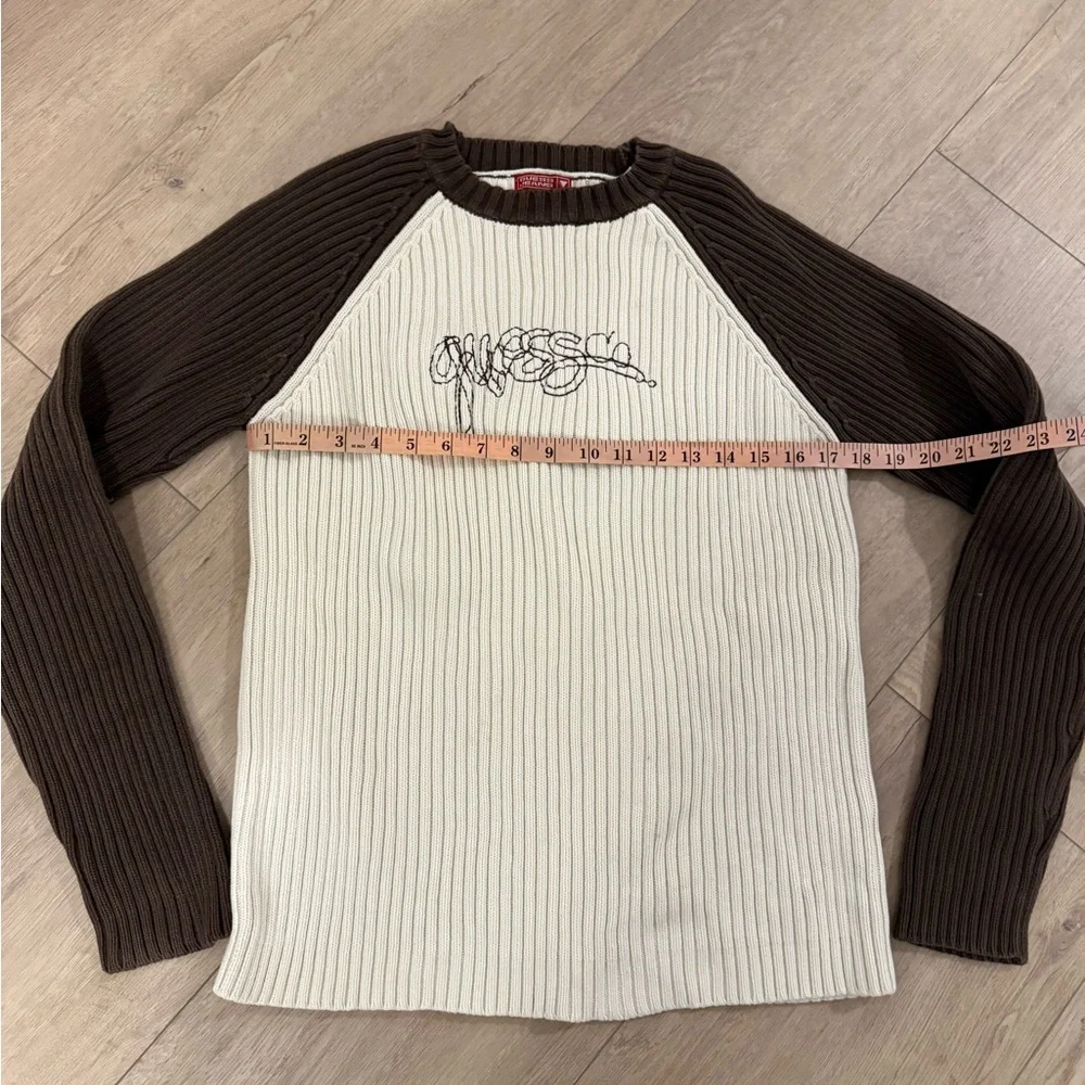 Vintage Y2K Guess Men's‎ Cream and Brown Sweater Large
